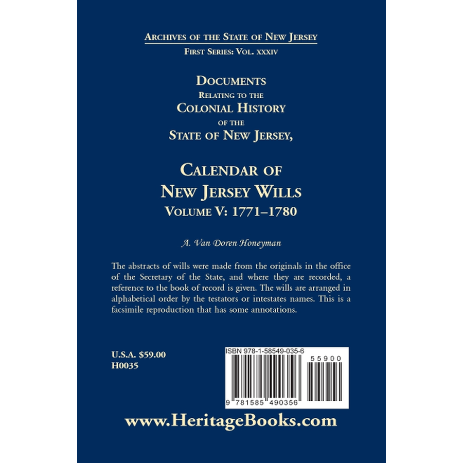 Documents Relating to the Colonial History of the State of New Jersey, Calendar of New Jersey Wills, Volume V, 1771-1780 back cover