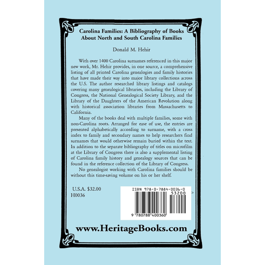 Carolina Families: A Bibliography of Books About North and South Carolina Families back cover