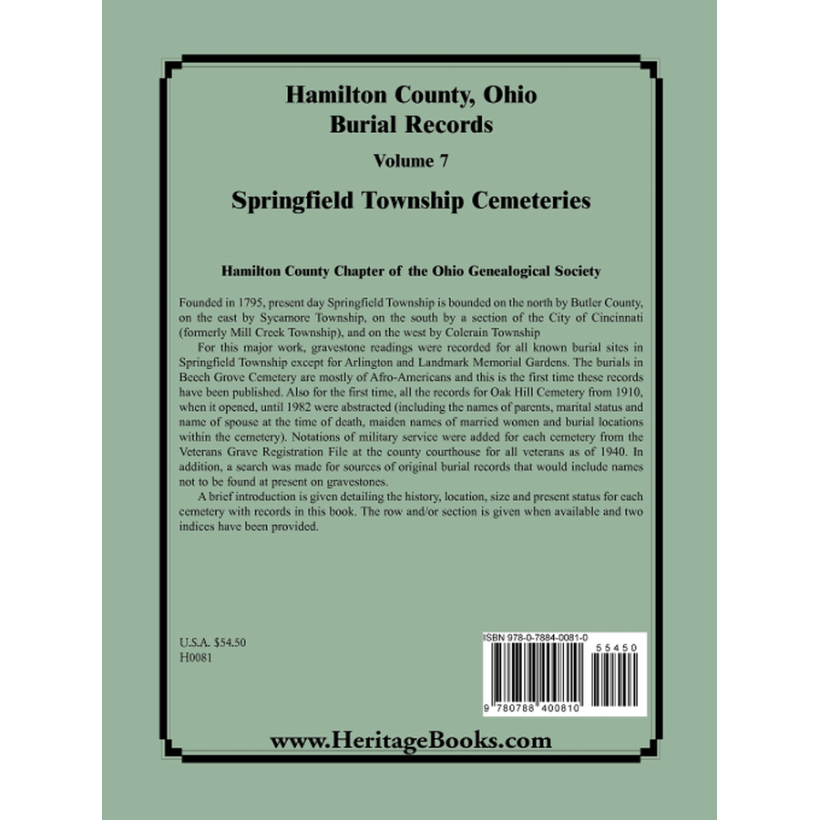 Hamilton County, Ohio Burial Records, Volume 7: Springfield Township Cemeteries back cover