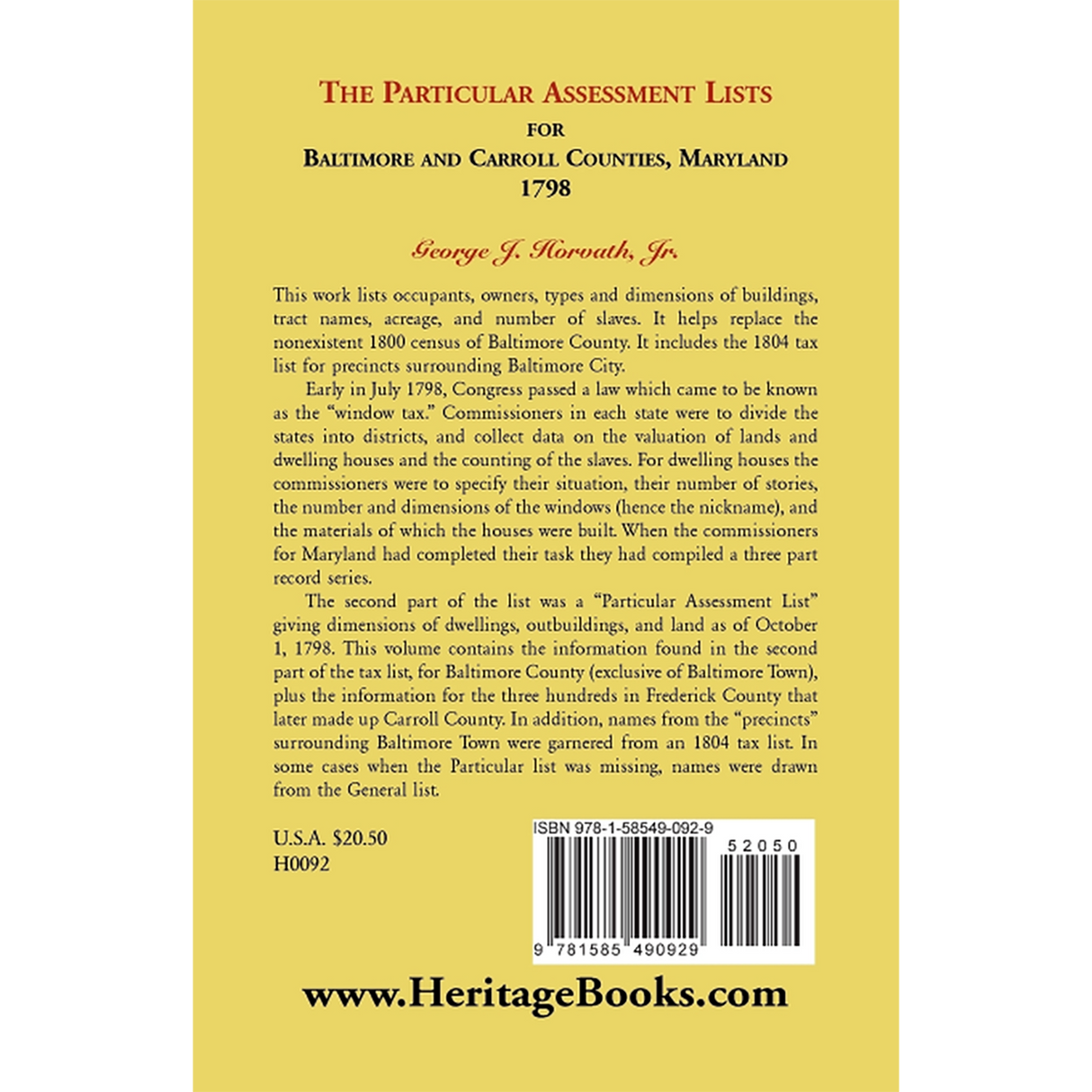 The Particular Assessment Lists For Baltimore And Carroll Counties, 1798 back cover