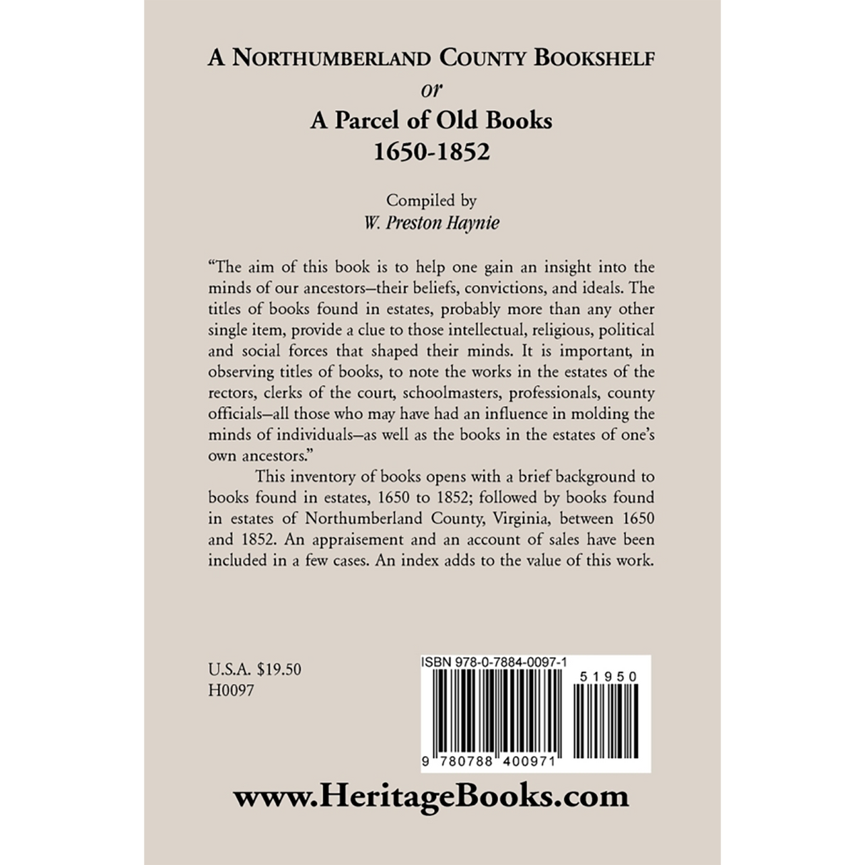A Northumberland County Bookshelf or A Parcel of Old Books, 1650-1852 back cover