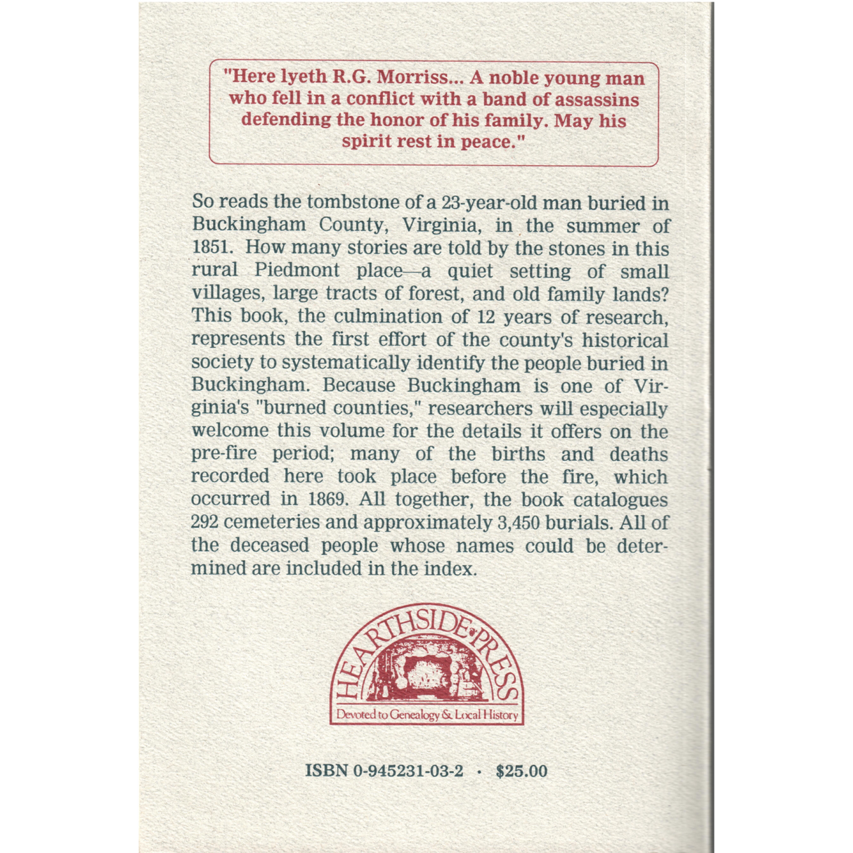 Buckingham Burials, A Survey of Cemeteries in Buckingham County, Virginia: Volume 1 back cover