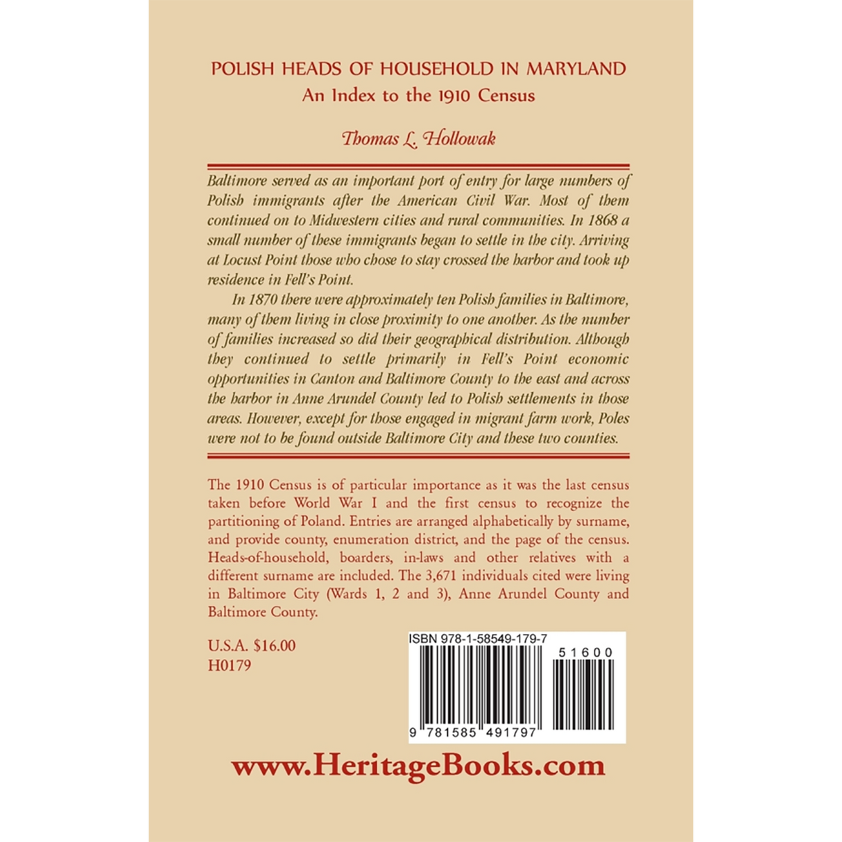 Polish Heads of Household in Maryland: An Index to the 1910 Census back cover
