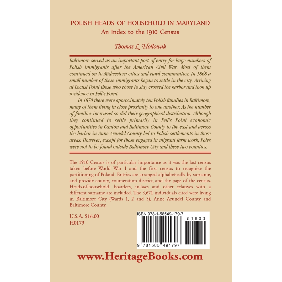 Polish Heads of Household in Maryland: An Index to the 1910 Census back cover