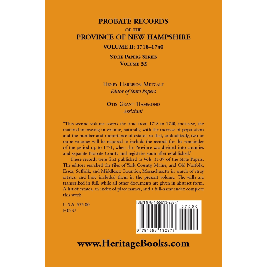 Probate Records of the Province of New Hampshire, Volume 2, 1718-1740 back cover