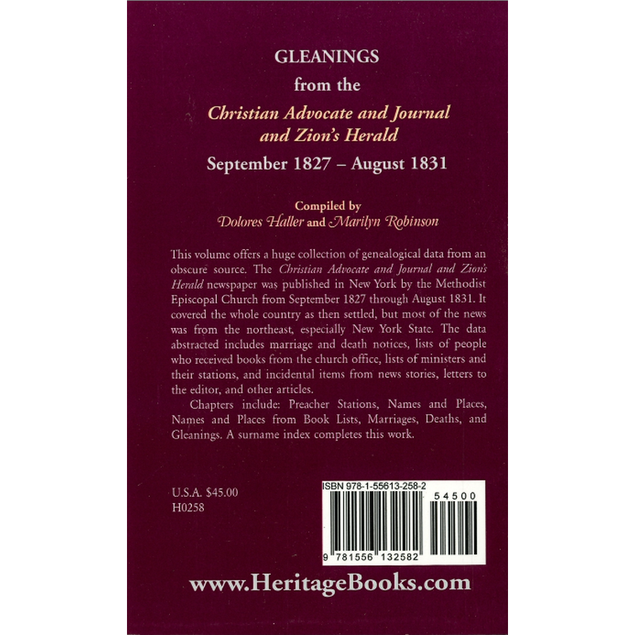 Gleanings from the Christian Advocate and Journal and Zion's Herald, September 1827-August 1831 back cover