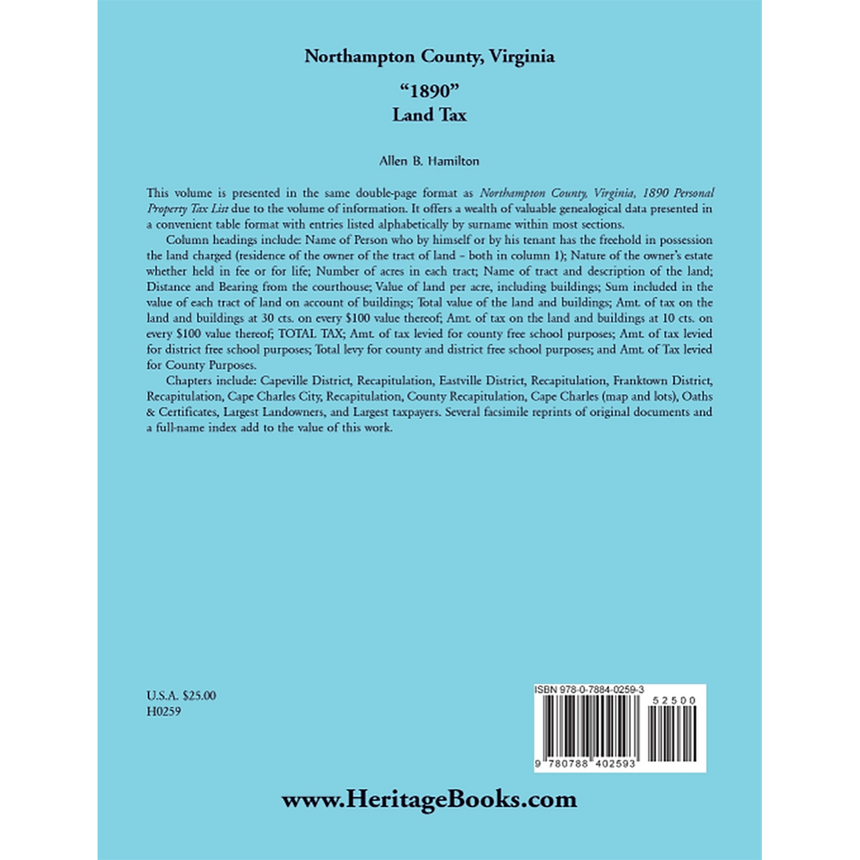 Northampton County, Virginia "1890" Land Tax back cover