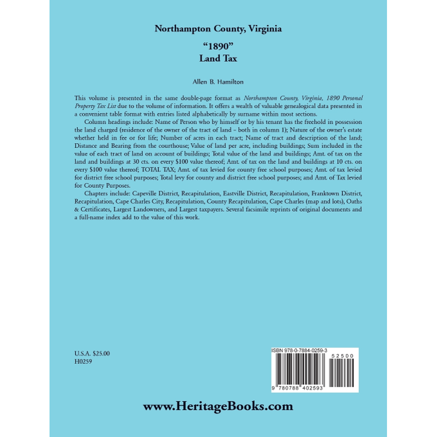 Northampton County, Virginia "1890" Land Tax back cover