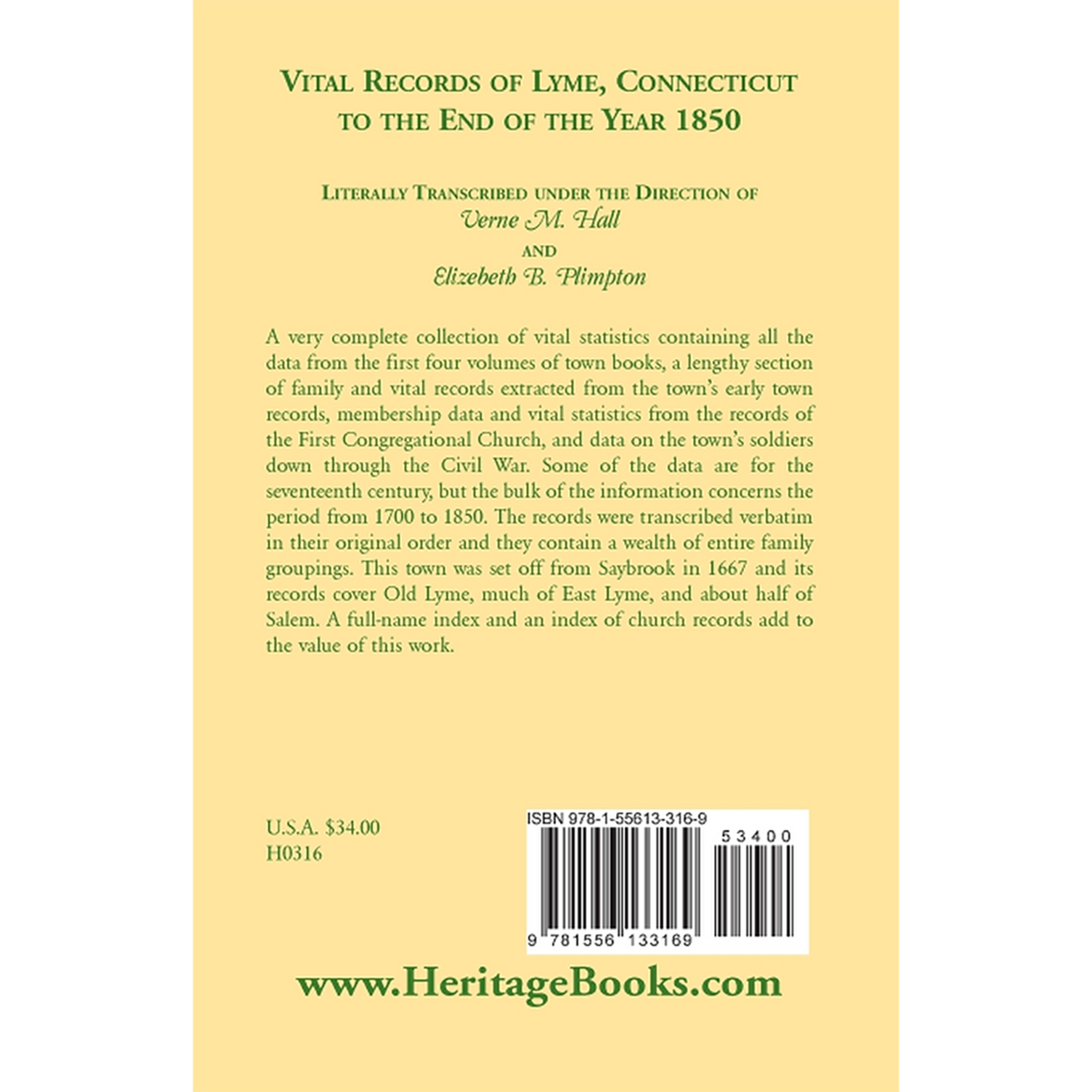 Vital Records of Lyme, Connecticut, to the End of the Year 1850 back cover