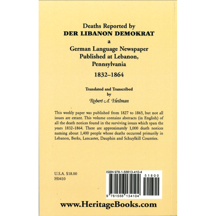 Deaths Reported by Der Libanon Demokrat, a German Language Newspaper Published at Lebanon, Pennsylvania, 1832-1864 back cover