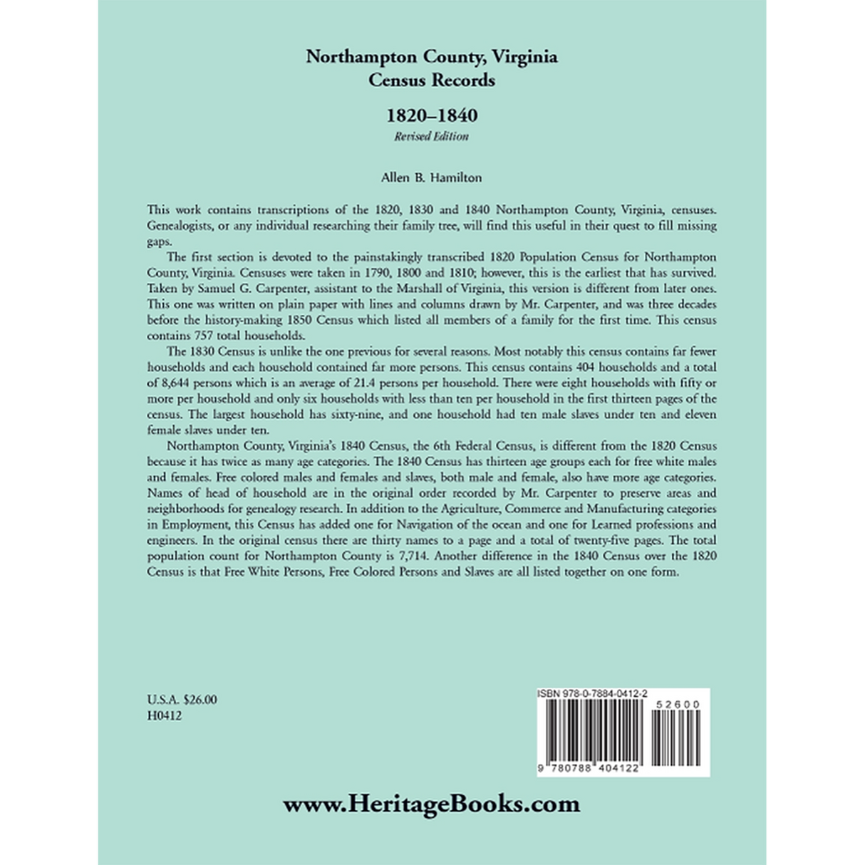 Northampton County, Virginia Census Records, 1820-1840, Revised Edition back cover