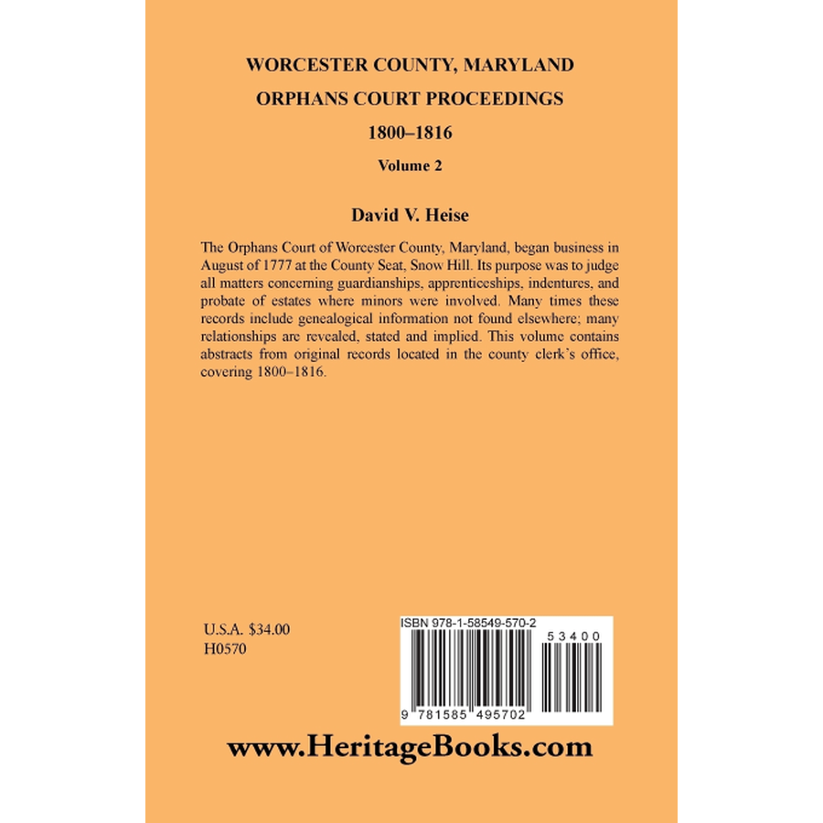 Worcester County, Maryland Orphans Court Proceedings, Volume 2, 1800-1816 back cover