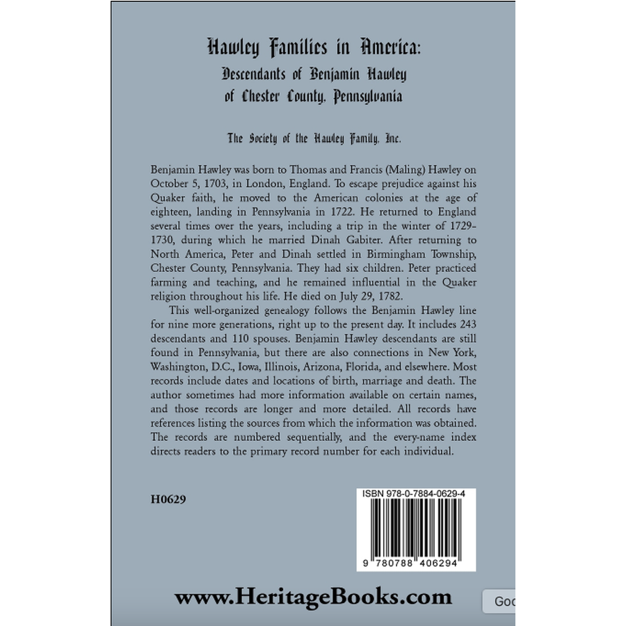 Hawley Families in America: Descendants of Benjamin Hawley of Chester County, Pennsylvania back cover
