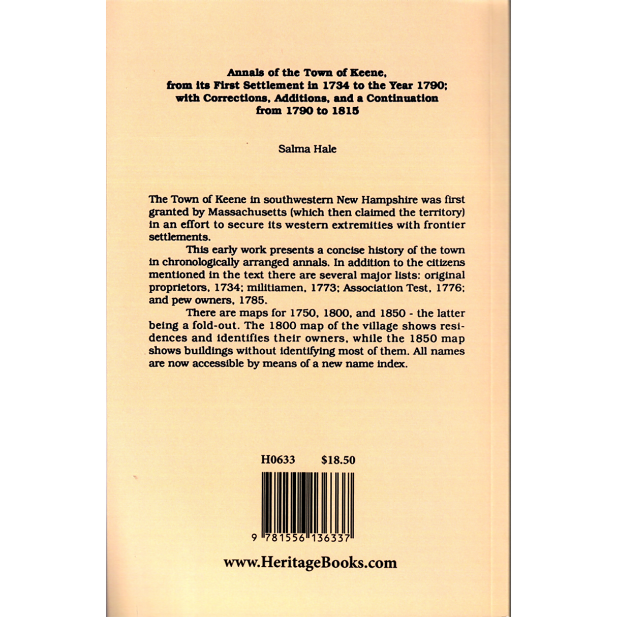 Annals of the Town of Keene, from its First Settlement in 1734 to the Year 1790; with Corrections, Additions, and a Continuation from 1790 to 1815 back cover