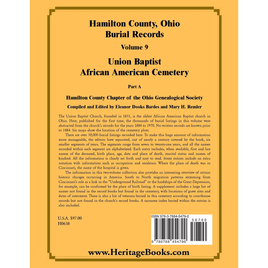 Hamilton County, Ohio Burial Records, Volume 9: Union Baptist African American Cemetery Part A back cover
