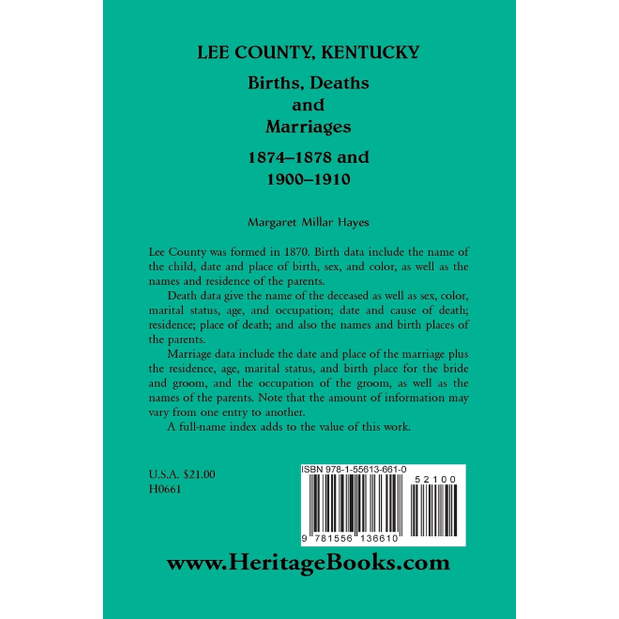 Lee County, Kentucky, Births, Deaths, and Marriages 1874-1878 and 1900-1910 back cover