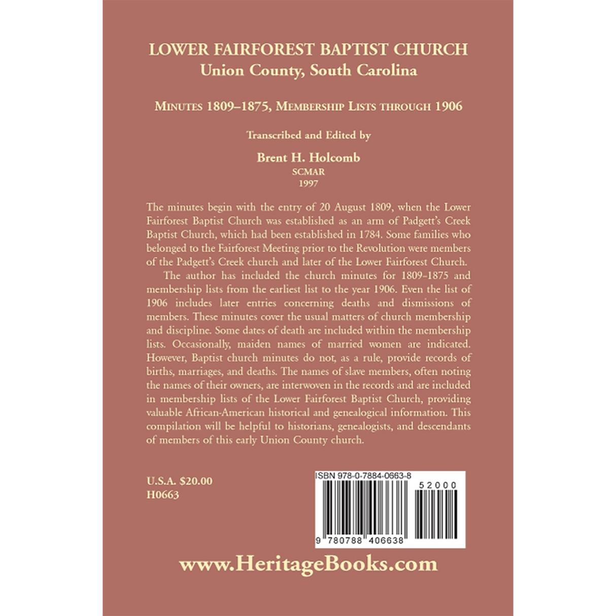 Lower Fairforest Baptist Church, Union County, South Carolina: Minutes 1809-1875, Membership Lists through 1906 back cover