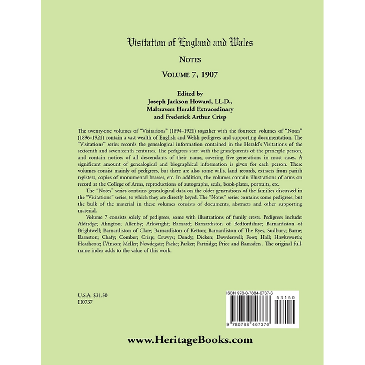 Visitation of England and Wales Notes: Volume 7, 1907 back cover