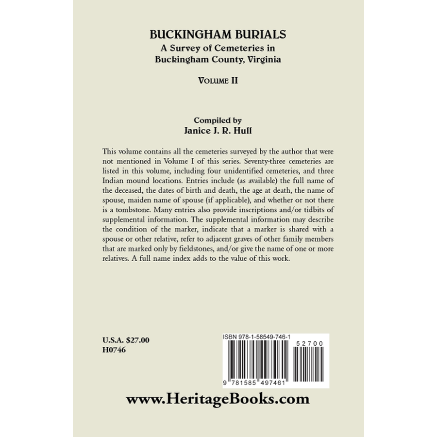 Buckingham Burials, A Survey of Cemeteries in Buckingham County, Virginia: Volume 2 back cover