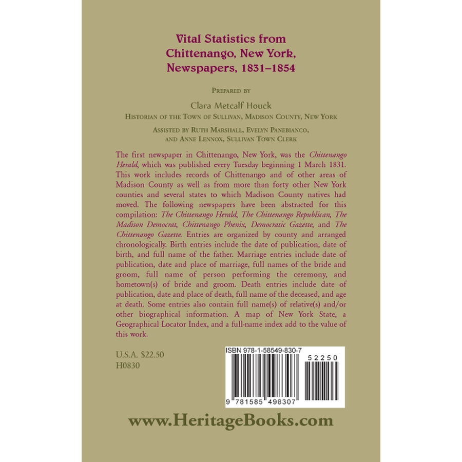 Vital Statistics from Chittenango, New York, Newspapers, 1831-1854 back cover