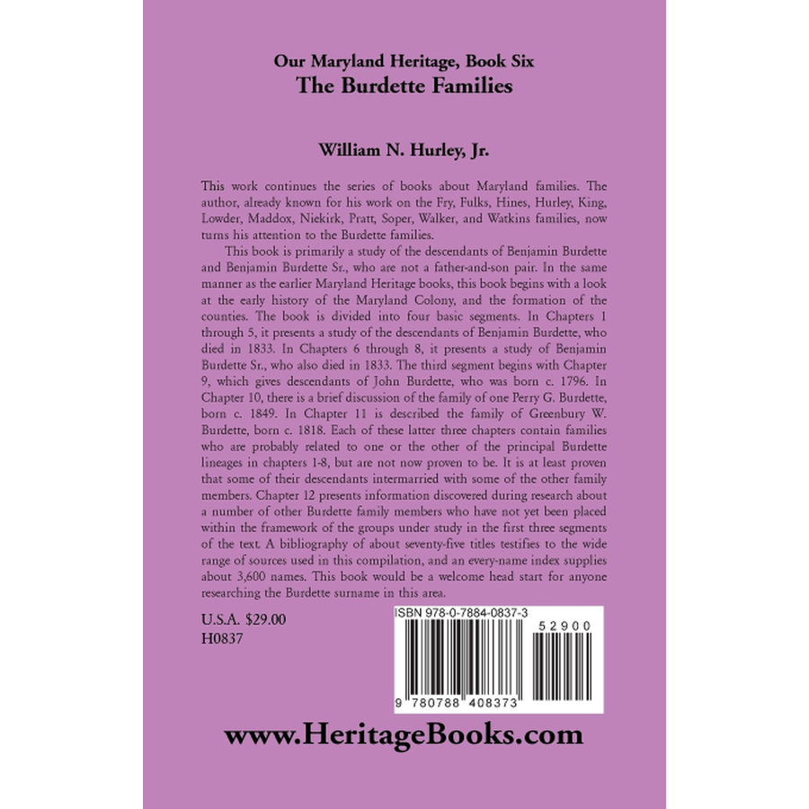 Our Maryland Heritage, Book 6: The Burdette Families back cover