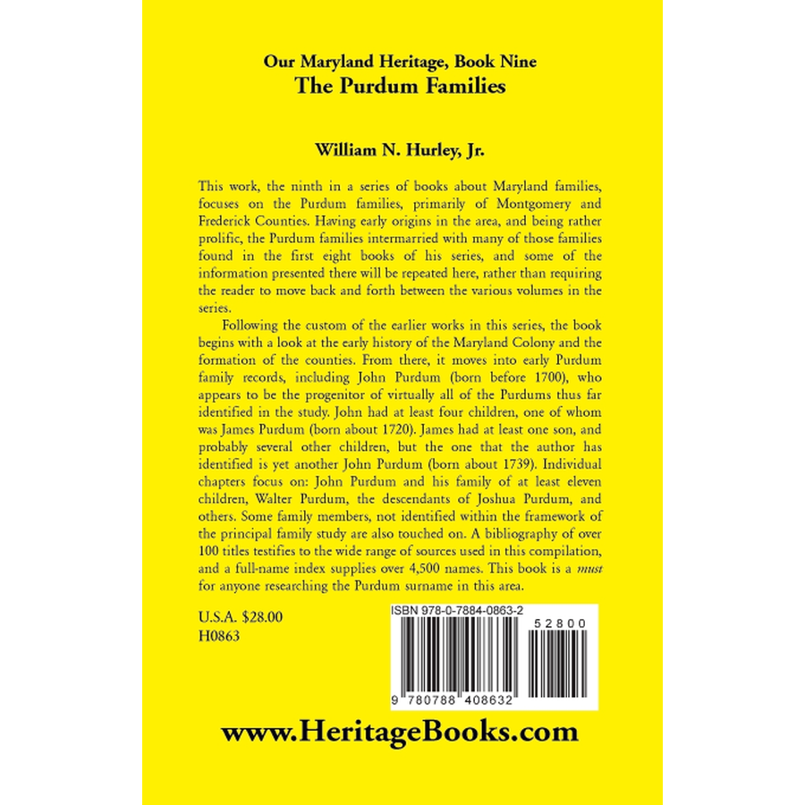 Our Maryland Heritage, Book 9: The Purdum Families back cover