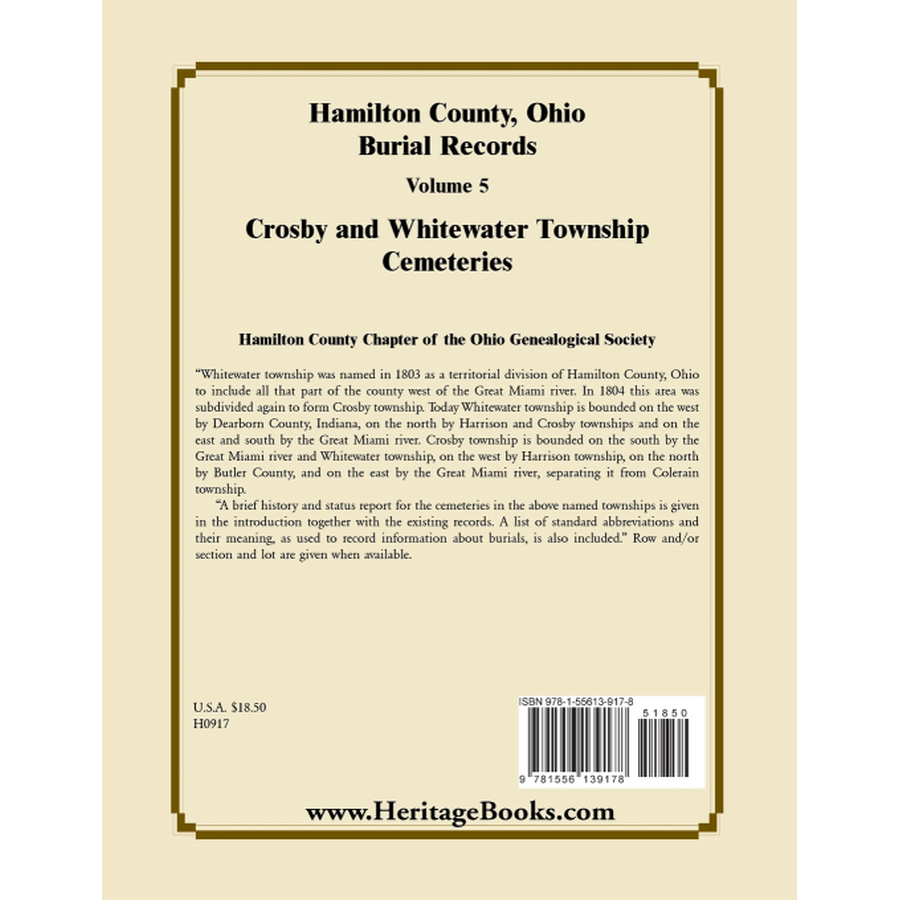 Hamilton County, Ohio Burial Records, Volume 5: Crosby and Whitewater Township Cemeteries back cover