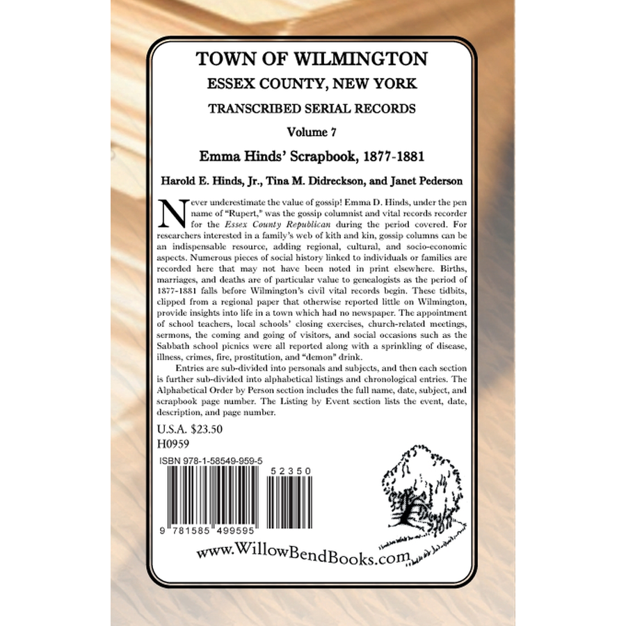 Town of Wilmington, Essex County, New York, Transcribed Serial Records, Volume 7: Emma Hinds' Scrapbook, 1877-1881 back cover