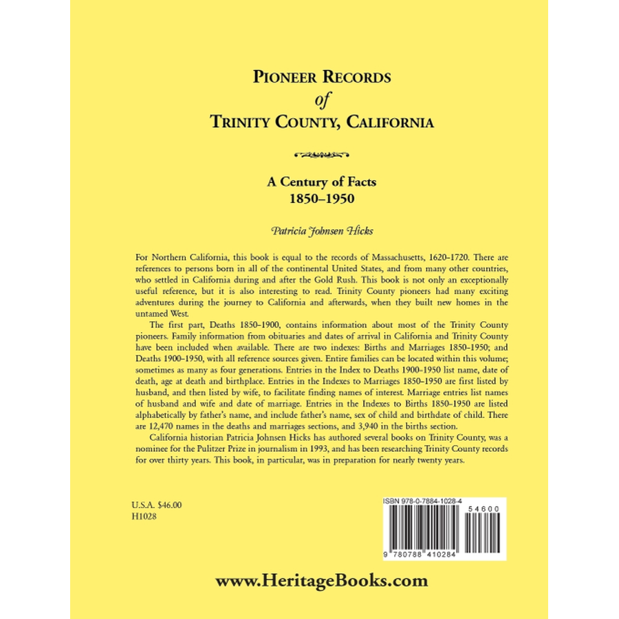 Pioneer Records of Trinity County, California: A Century of Facts, 1850-1950 back cover