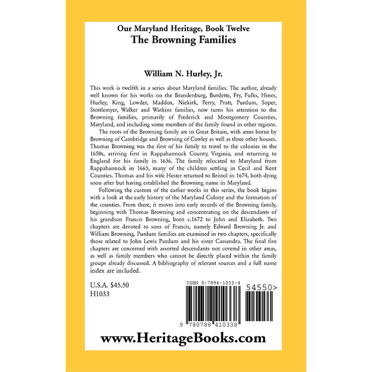 Our Maryland Heritage, Book 12: The Browning Families back cover
