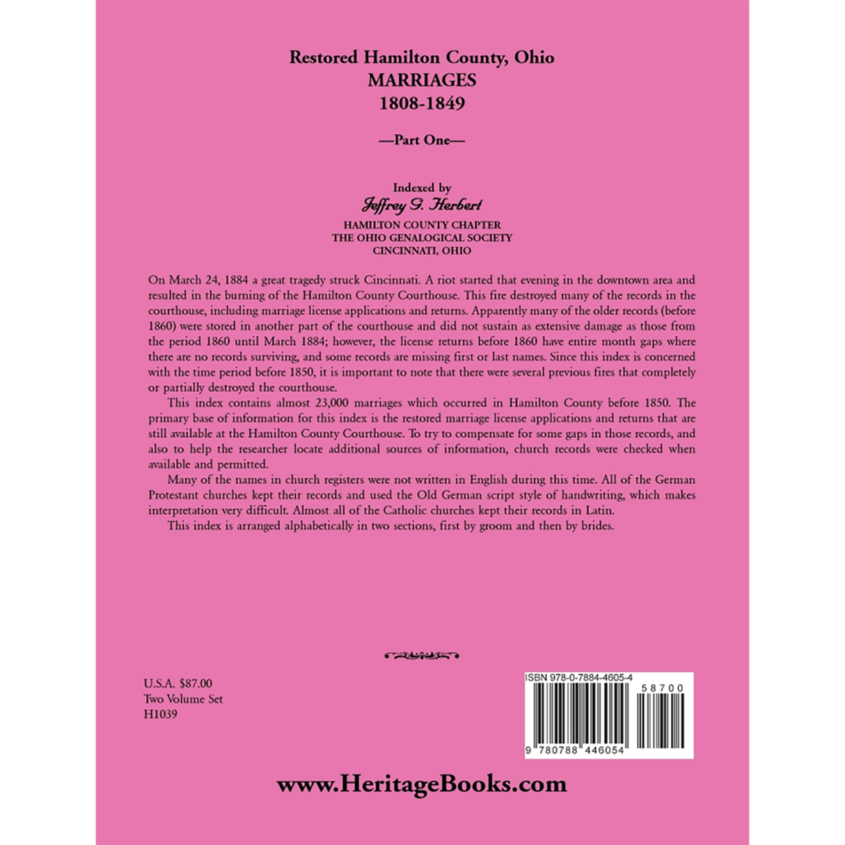 Restored Hamilton County, Ohio Marriages, 1808-1849, Volume I back cover