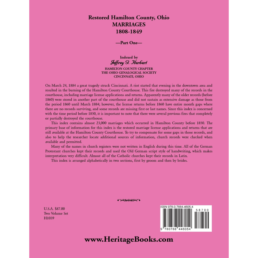 Restored Hamilton County, Ohio Marriages, 1808-1849, Volume I back cover