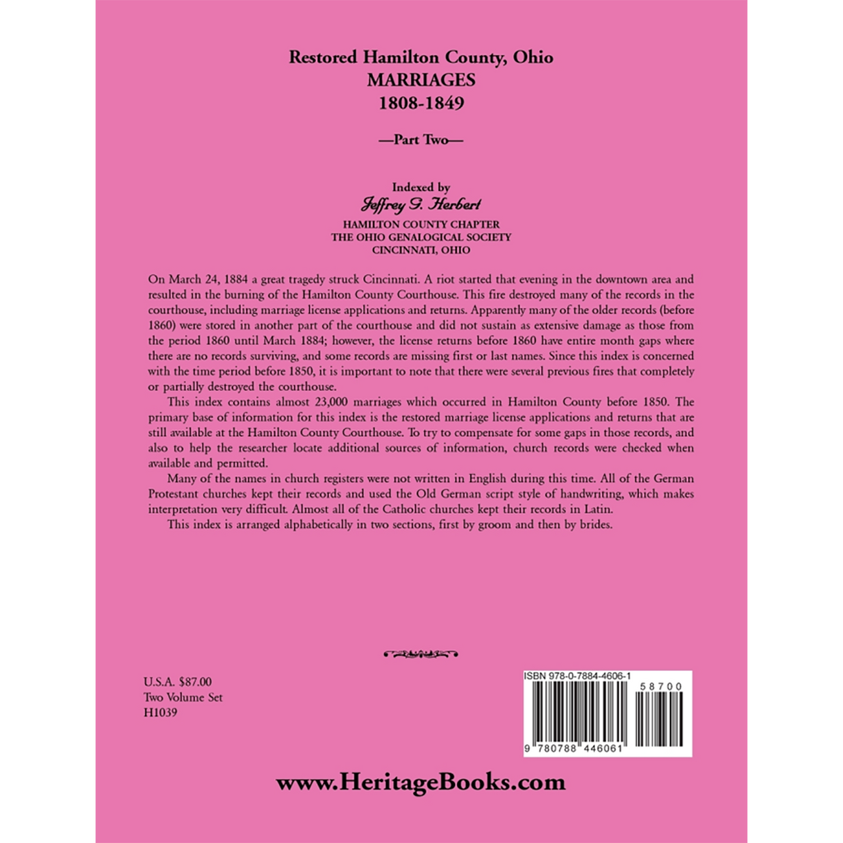 Restored Hamilton County, Ohio Marriages, 1808-1849, Volume II back cover