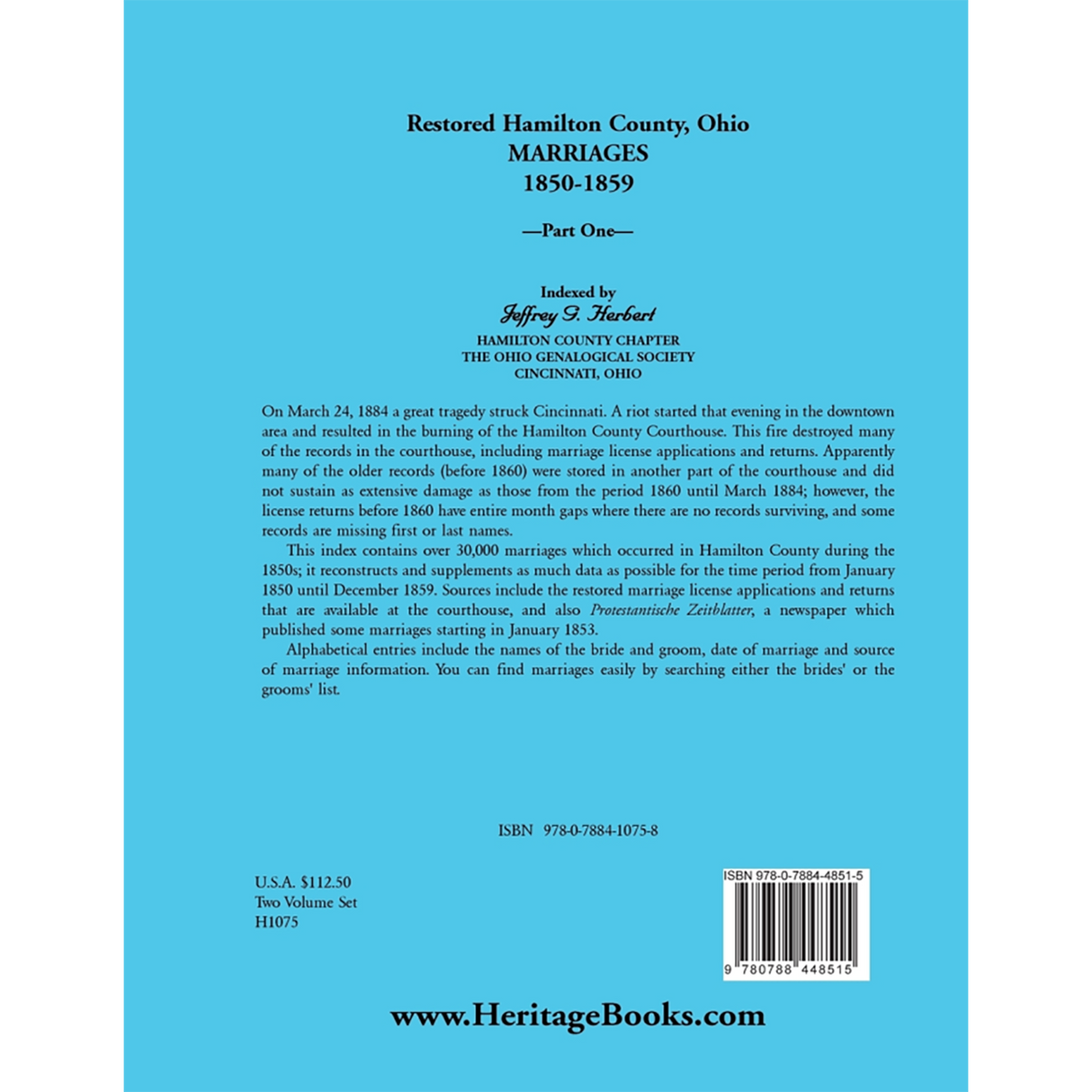 Restored Hamilton County, Ohio Marriages, 1850-1859, Part 1 back cover