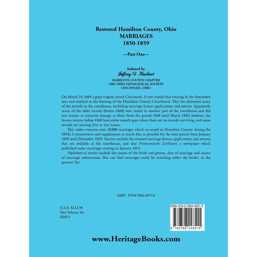Restored Hamilton County, Ohio Marriages, 1850-1859, Part 1 back cover