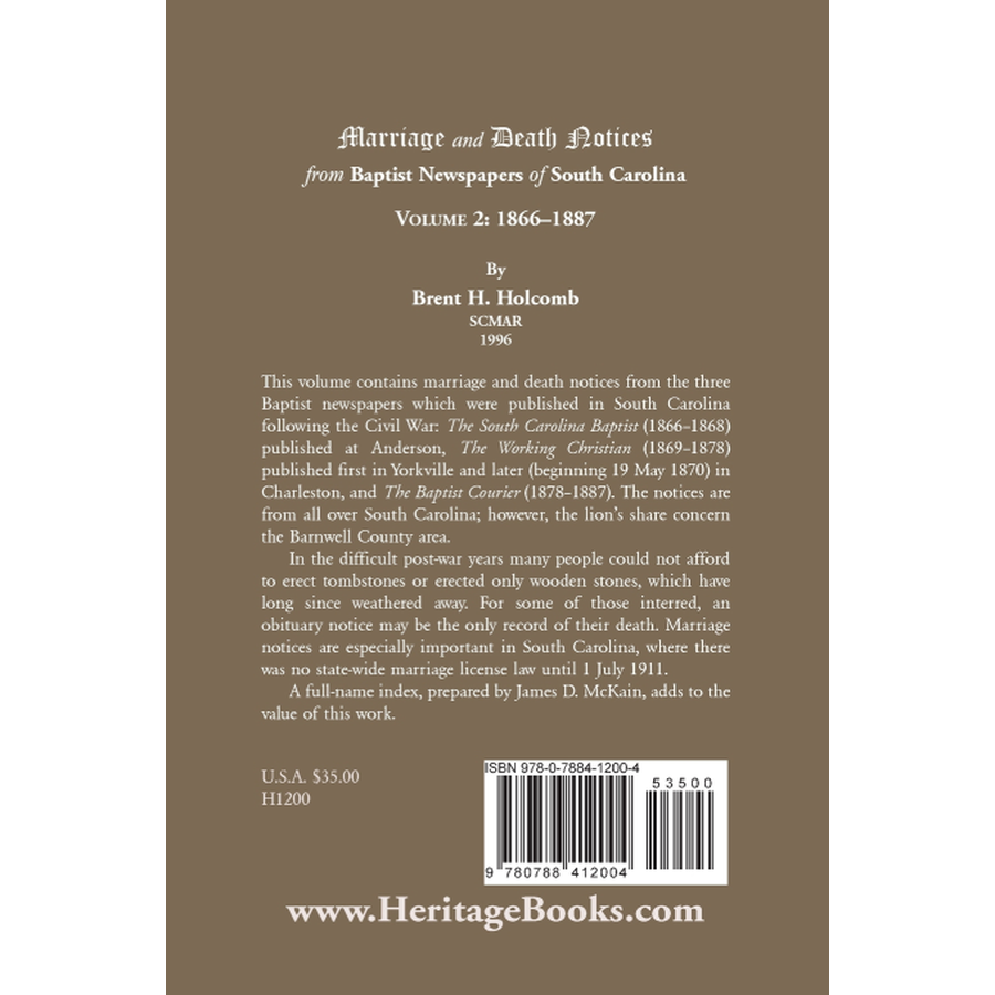Marriage and Death Notices from Baptist Newspapers of South Carolina, Volume 2: 1866-1887 back cover