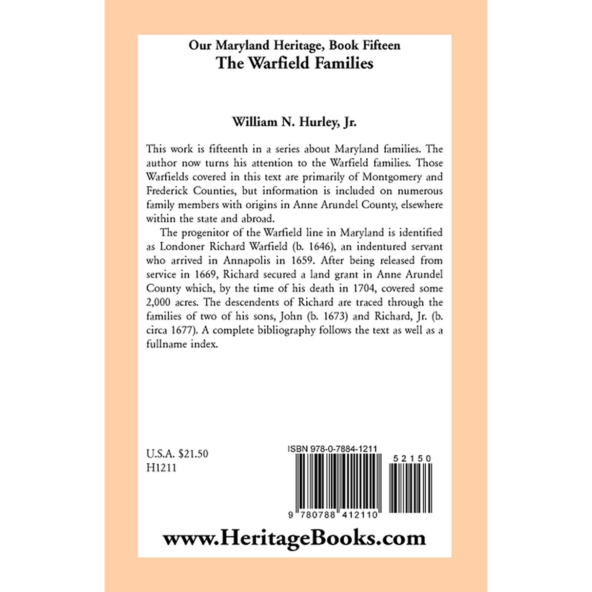 Our Maryland Heritage, Book 15: The Warfield Families back cover
