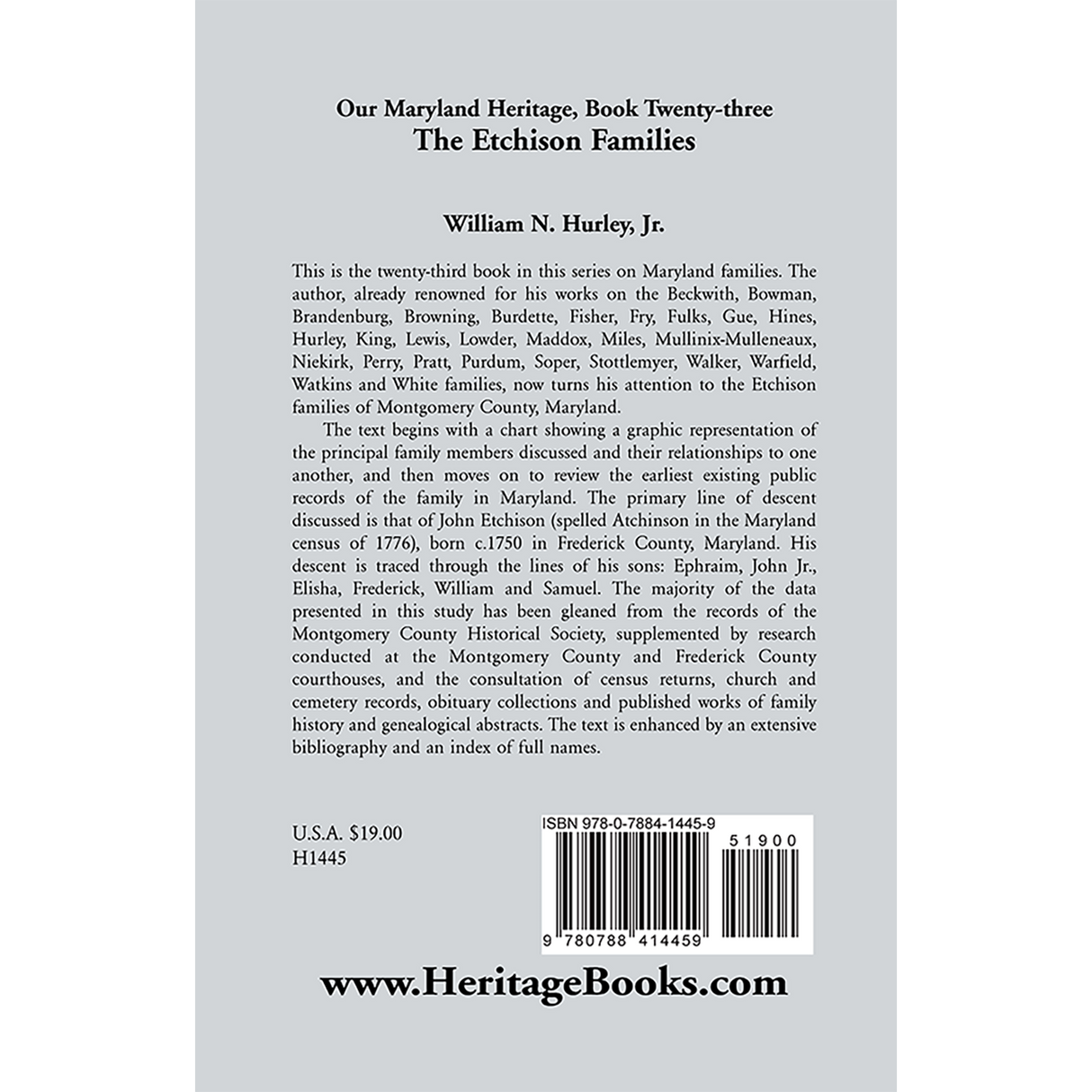 Our Maryland Heritage, Book 23: The Etchison Families back cover