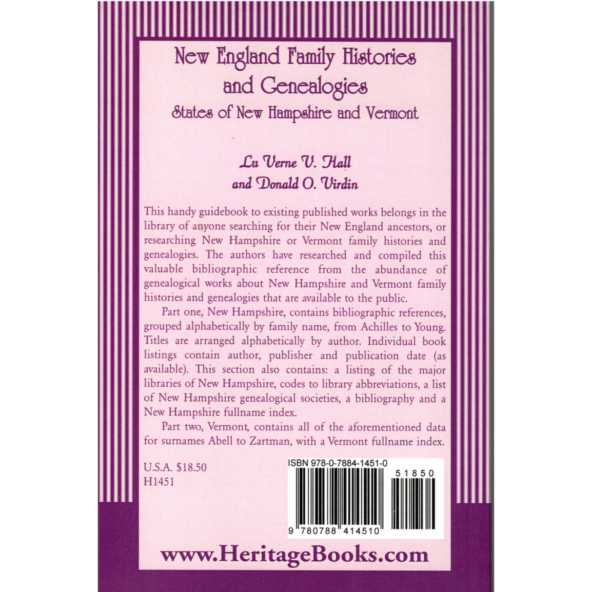 New England Family Histories and Genealogies: States of New Hampshire and Vermont back cover