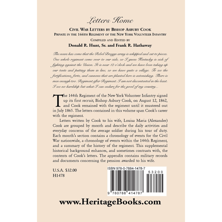 Letters Home: Civil War Letters by Bishop Asbury Cook, Private in the 144th Regiment of the New York Volunteer Infantry back cover
