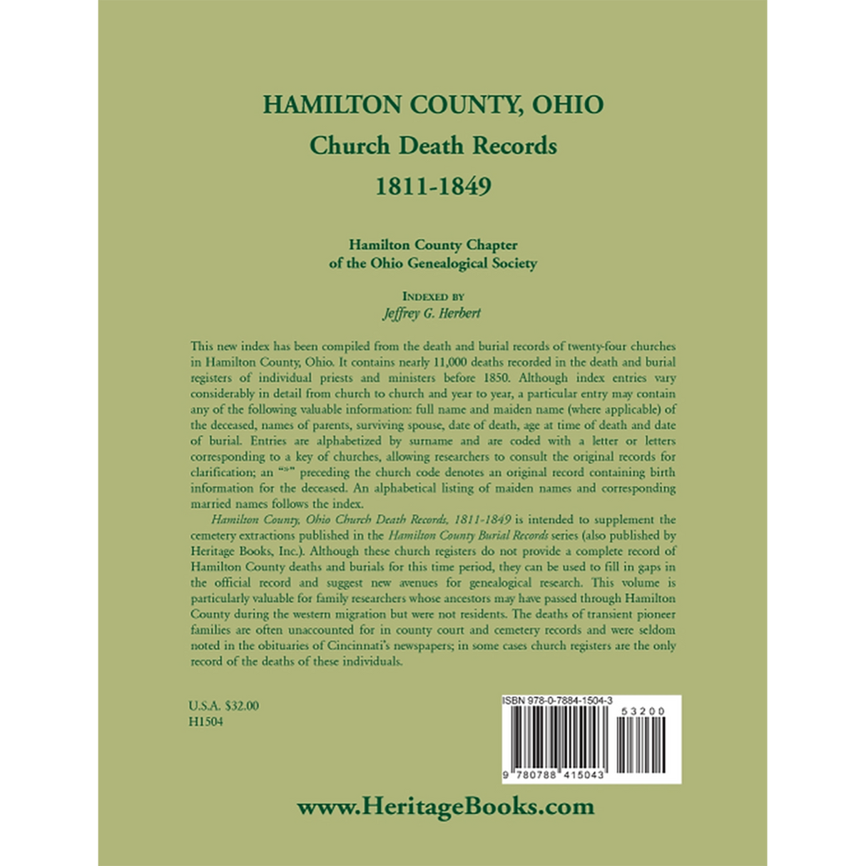 Hamilton County, Ohio Church Death Records, 1811-1849 back cover