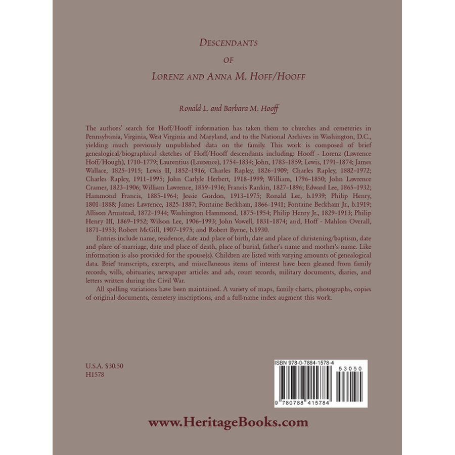 Descendants of Lorenz and Anna M. Hoff/Hooff back cover