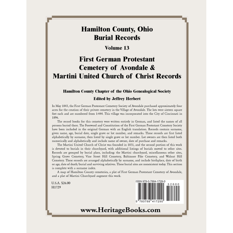 Hamilton County, Ohio Burial Records, Volume 13: First German Protestant Cemetery of Avondale and Martini United Church of Christ Records back cover