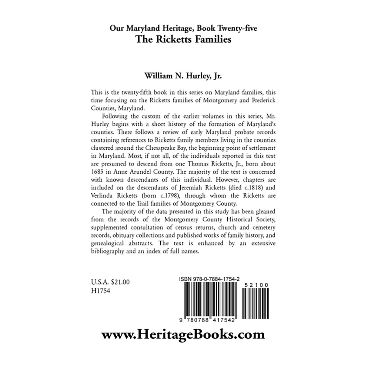 Our Maryland Heritage, Book 25: The Ricketts Families back cover