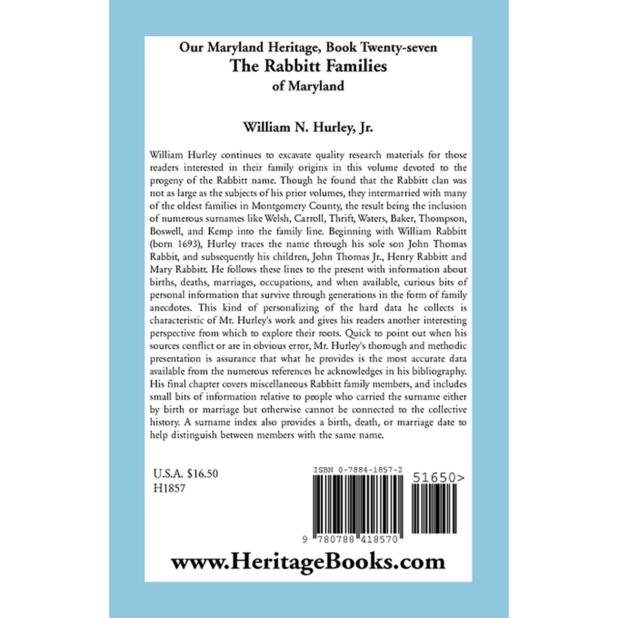 Our Maryland Heritage, Book 27: The Rabbitt Families of Maryland back cover