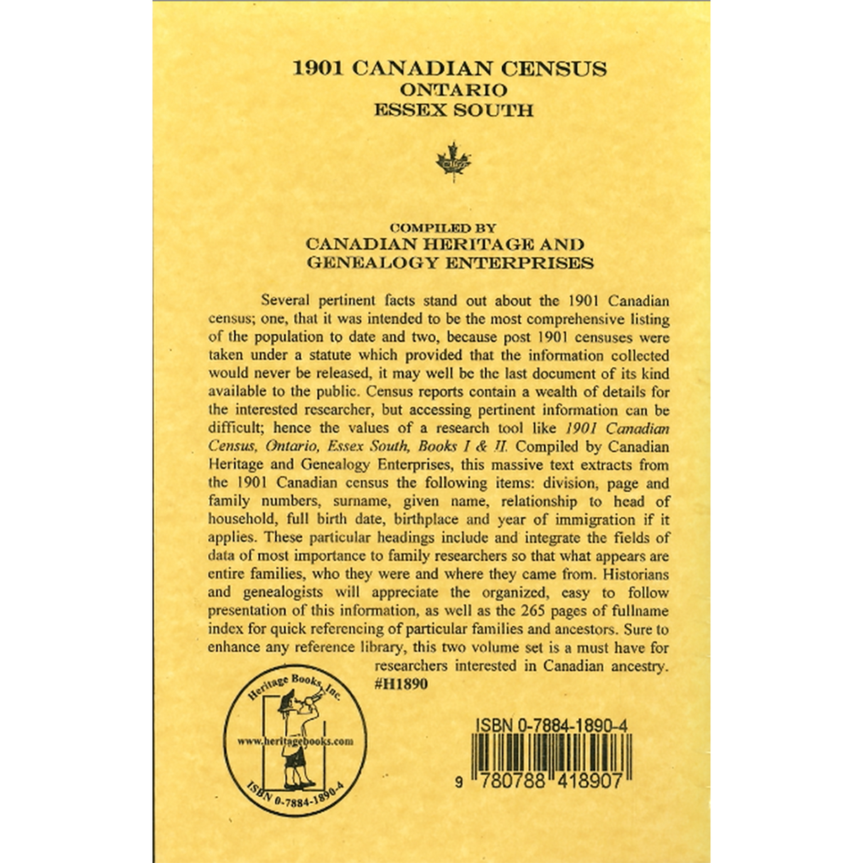 1901 Canadian Census, Ontario, Essex South, Volume I back cover