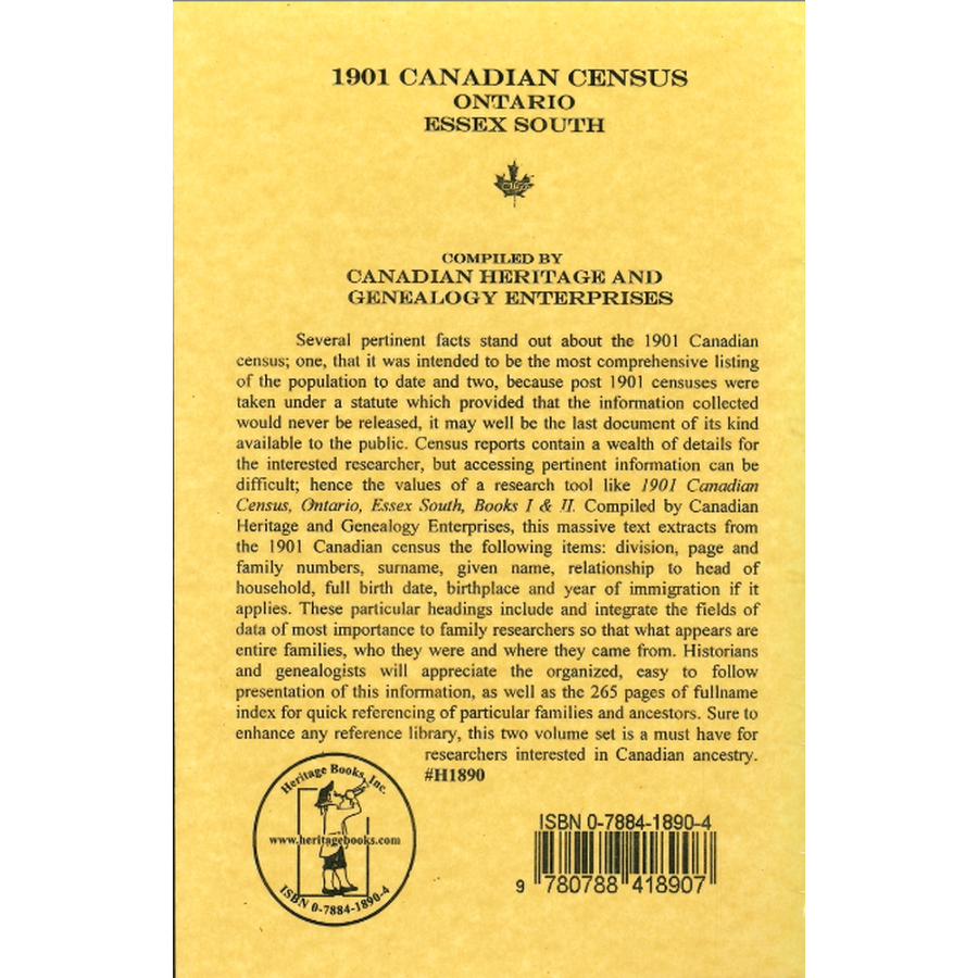 1901 Canadian Census, Ontario, Essex South, Volume I back cover