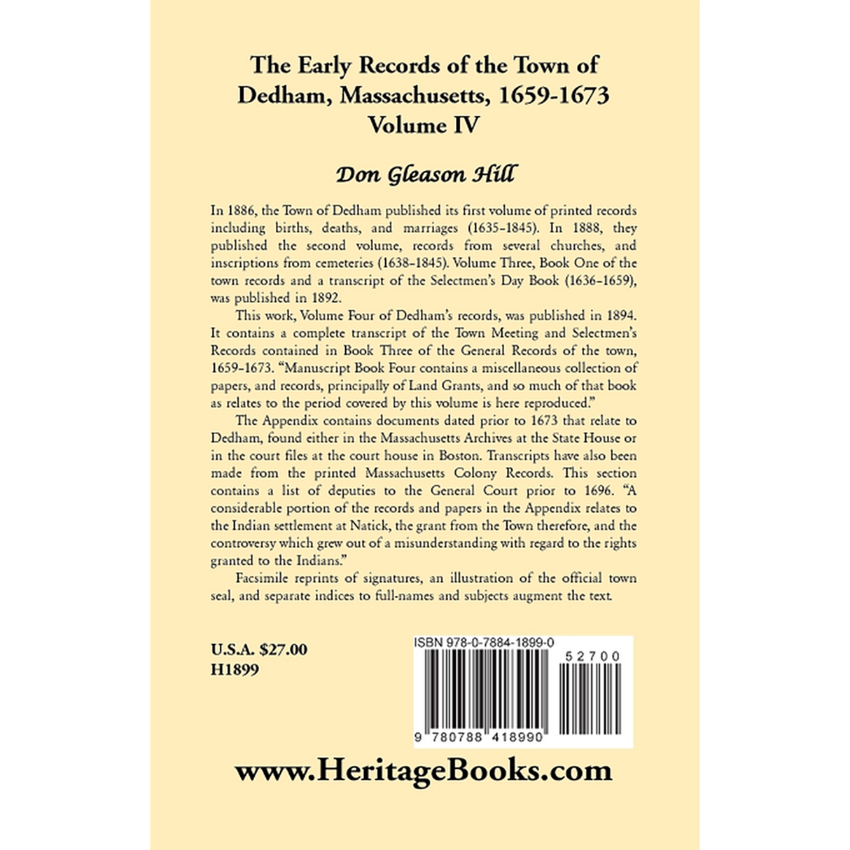 The Early Records of the Town of Dedham, Massachusetts, 1659-1673: Volume IV back cover