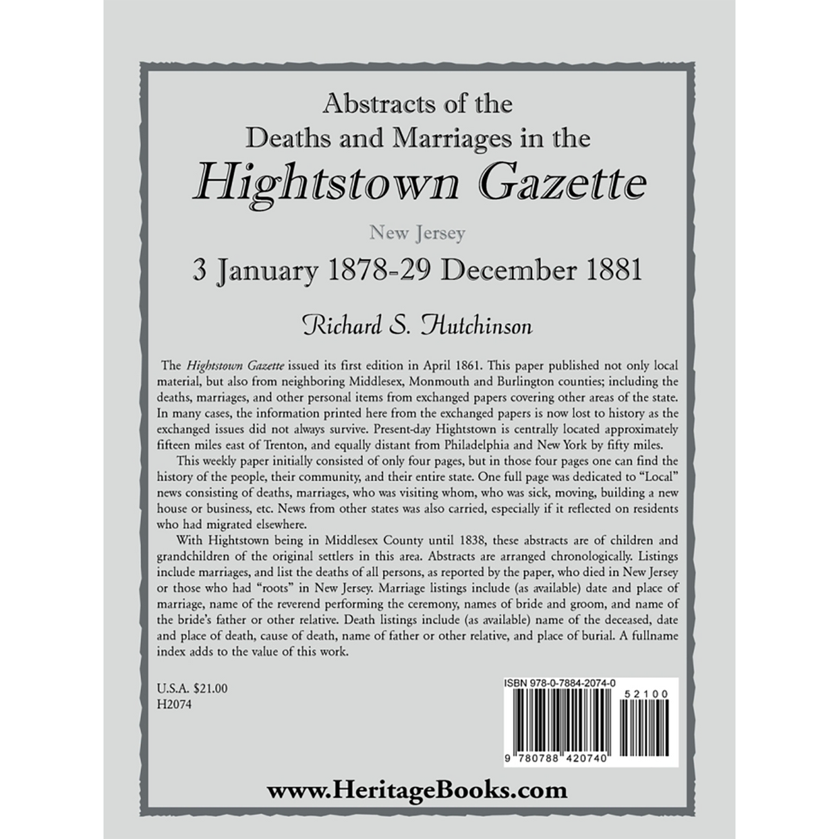 Abstracts of the Deaths and Marriages in the Hightstown Gazette, 3 January 1878-29 December 1881 back cover