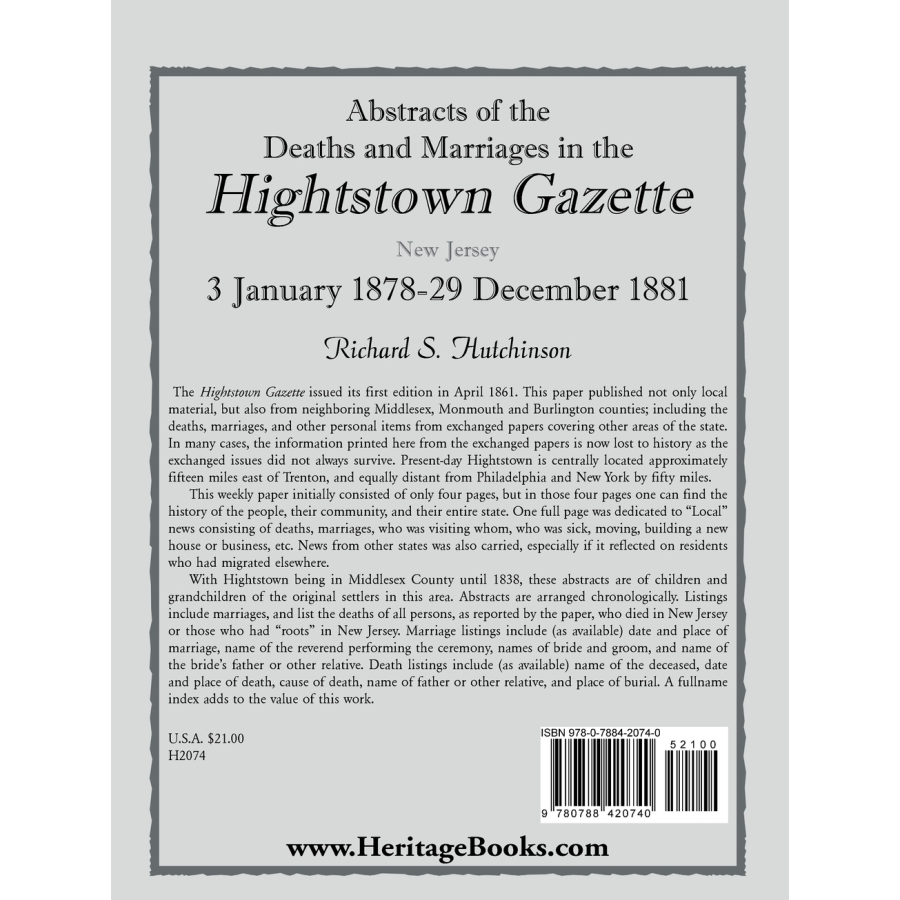 Abstracts of the Deaths and Marriages in the Hightstown Gazette, 3 January 1878-29 December 1881 back cover